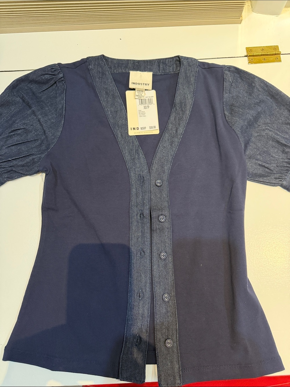 Industry Denim-Trim Navy Short Sleeve Button Front Top brand new XS/TP